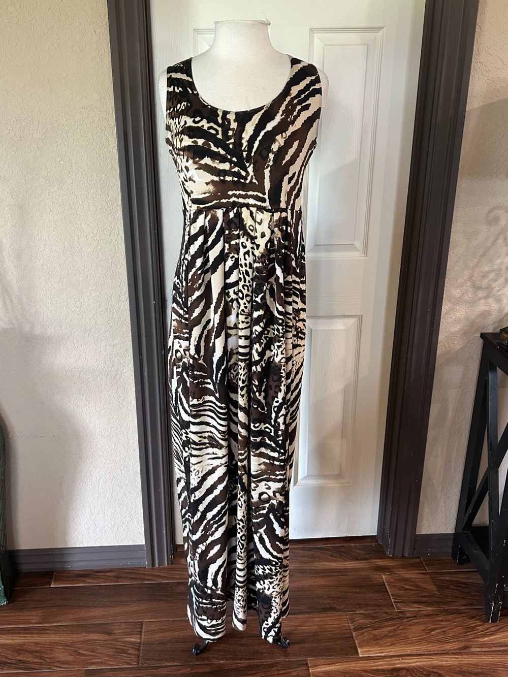 Nina Leonard Brown and white zebra print maxi dress with leopard print accents